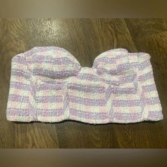 Zara Purple and Pink Tweed Cropped Bustier Corset Gingham Top Size Small NWT - Picture 4 of 10
